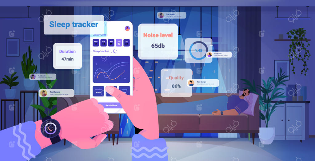 افراد با استفاده از برنامه ردیاب ساعت هوشمند برای کنترل کیفیت و کمیت خواب در اتاق خواب تاریک - تصویرسازی وکتوری افقی