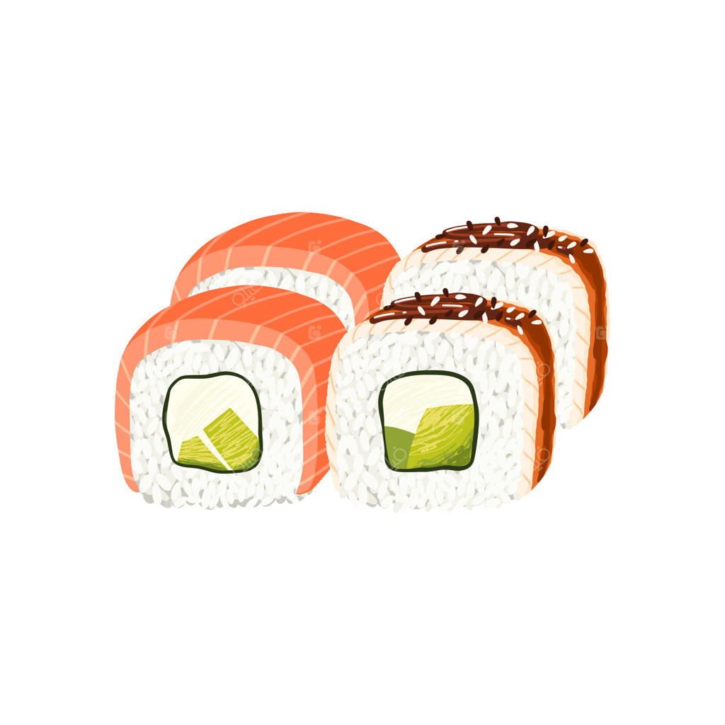 رول‌های سوشی فیلادلفیا با آووکادو و خامه پنیری در ورقه‌های ماهی سالمون و مارماهی. کلیپ‌آرت برداری.