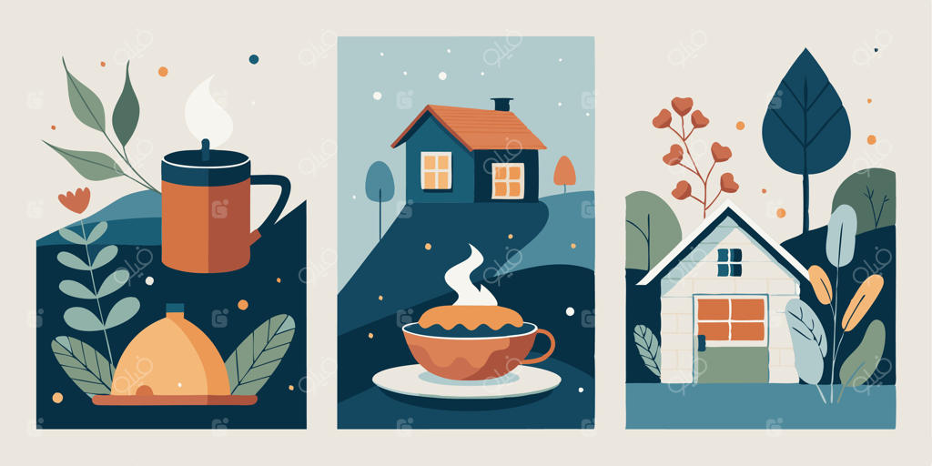 سه بنر با خانه‌ها، درختان و یک فنجان قهوه