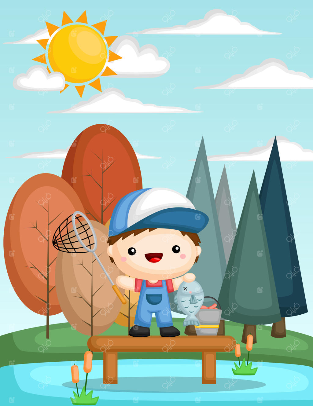 تصویری از کودکی که در تابستان مشغول ماهیگیری در دریاچه است