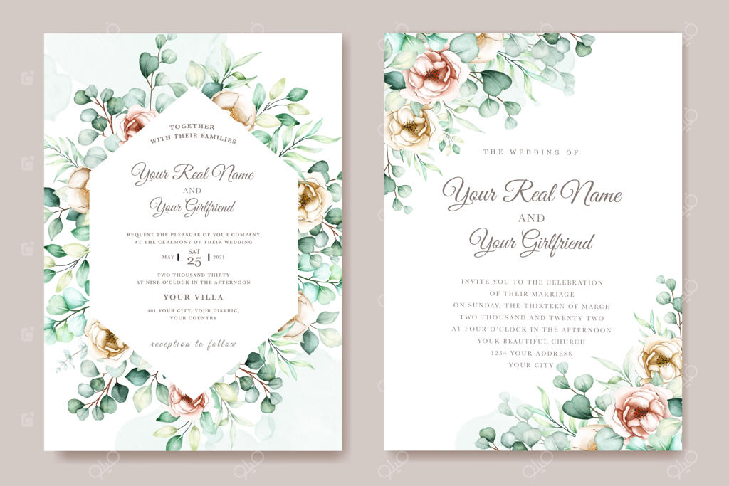 ست کارت دعوت عروسی با طرح اکالیپتوس آبرنگی