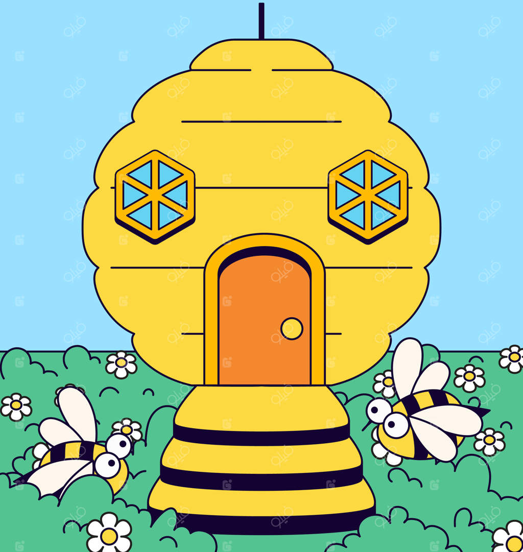 کارتون زنبورداری با زنبورهای پرنده و باغ گل، طراحی دستی