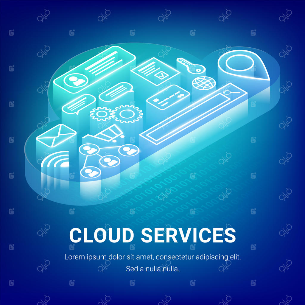 مفهوم خدمات ابری ایزومتریک: ابری درخشان با آیکون‌های داخلی. تصویرسازی فناوری اینترنت برای طراحی وب، بازاریابی، بنرها و گرافیک