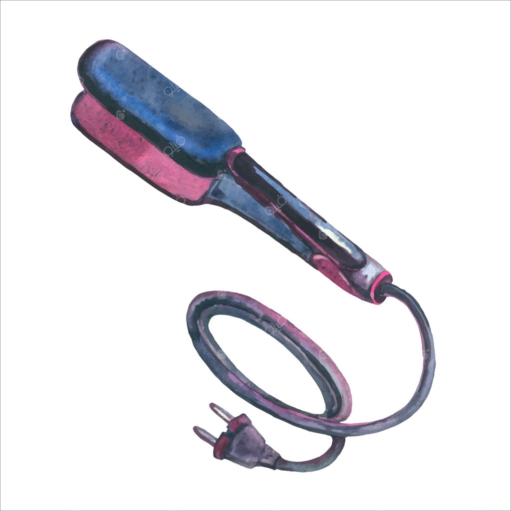 تصویر اتو مو به سبک وکتور و آبرنگ، در پس‌زمینه سفید. ابزار آرایشگری و لوازم پیرایش مو