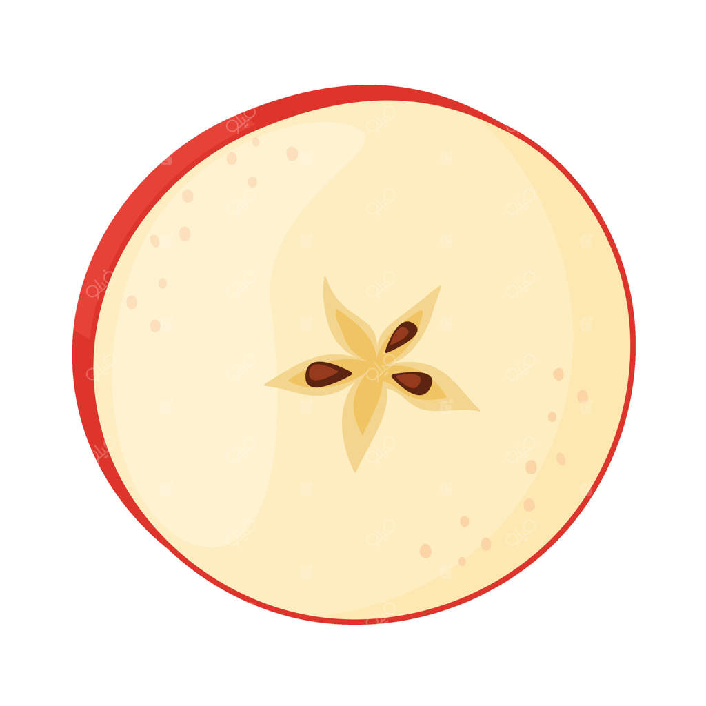 برش گرد سیب قرمز تازه، میوه ی باغ. تصویرسازی دستی غذا. برش سیب قرمز تازه، به سبک تخت و پس‌زمینه شفاف. تصویر سیب قرمز خوشمزه.