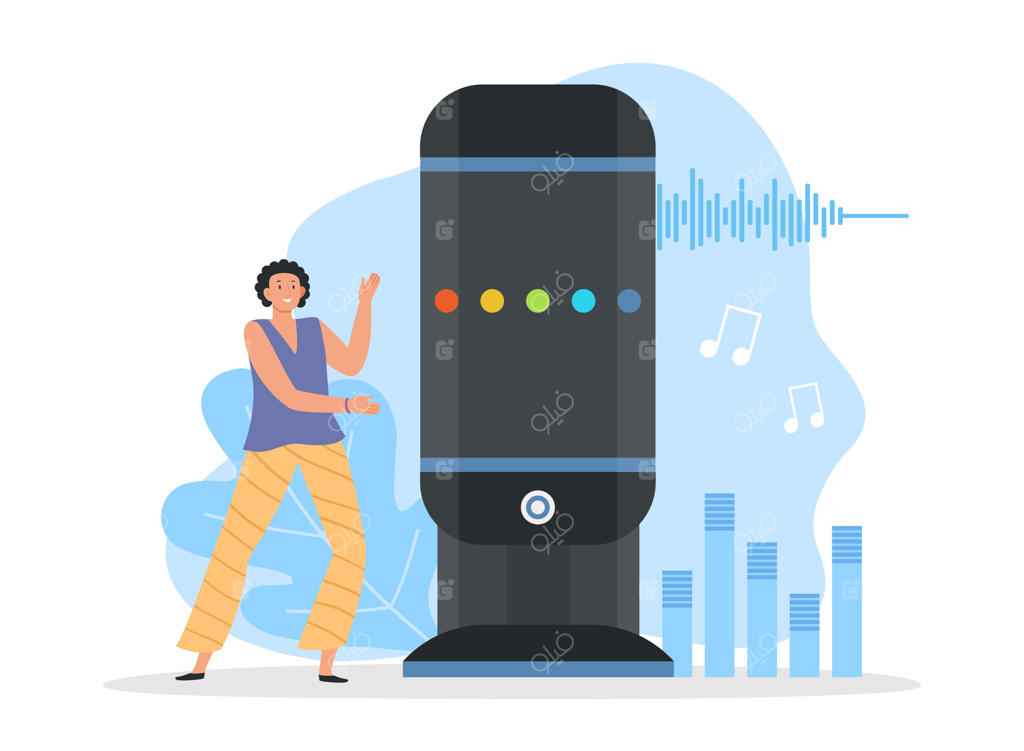 زن کوچکی با هوش مصنوعی تعاملی در کنار دستگاه پخش موسیقی با تشخیص صدا