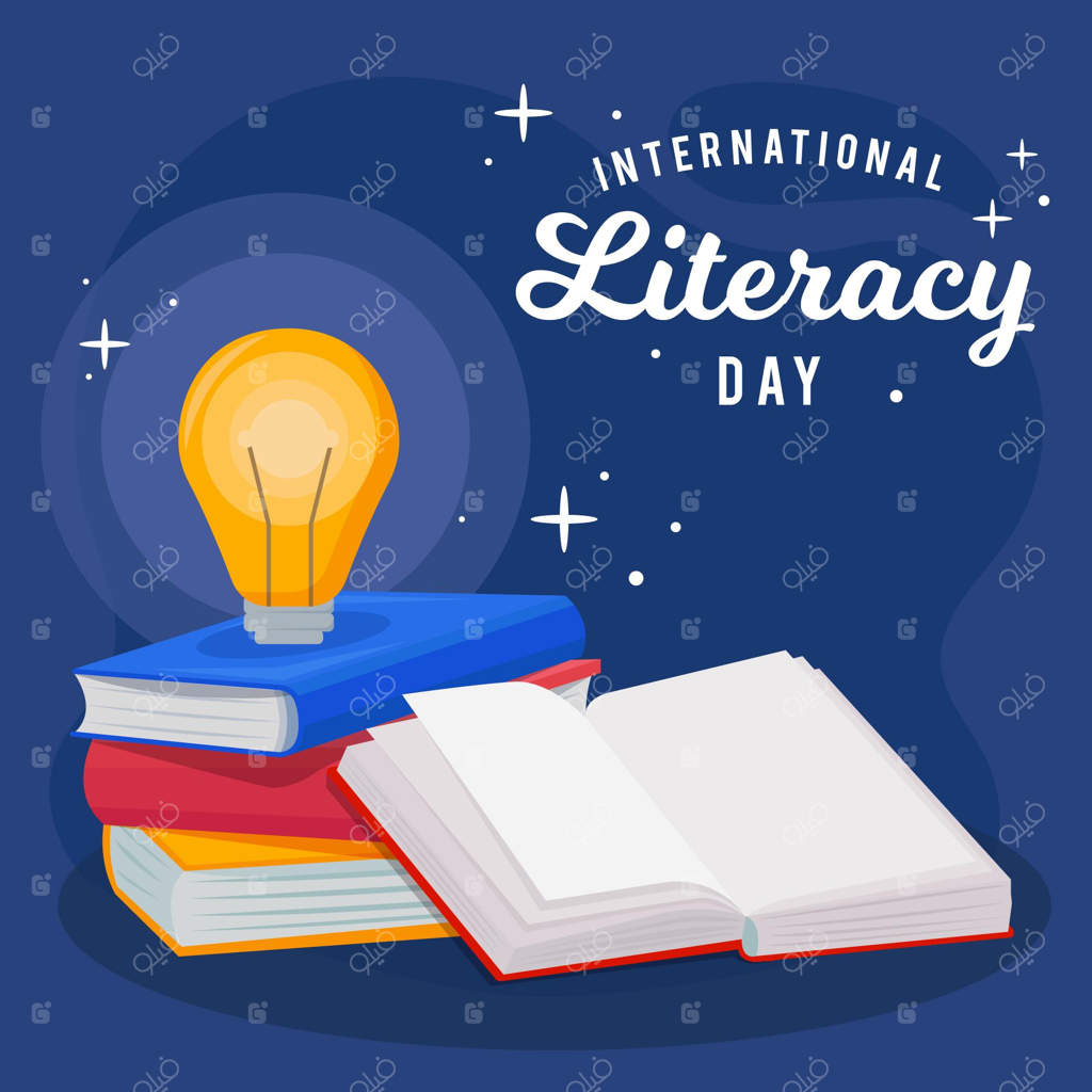 روز جهانی سوادآموزی با طراحی تخت و نماد کتاب و چراغ روشنفکری