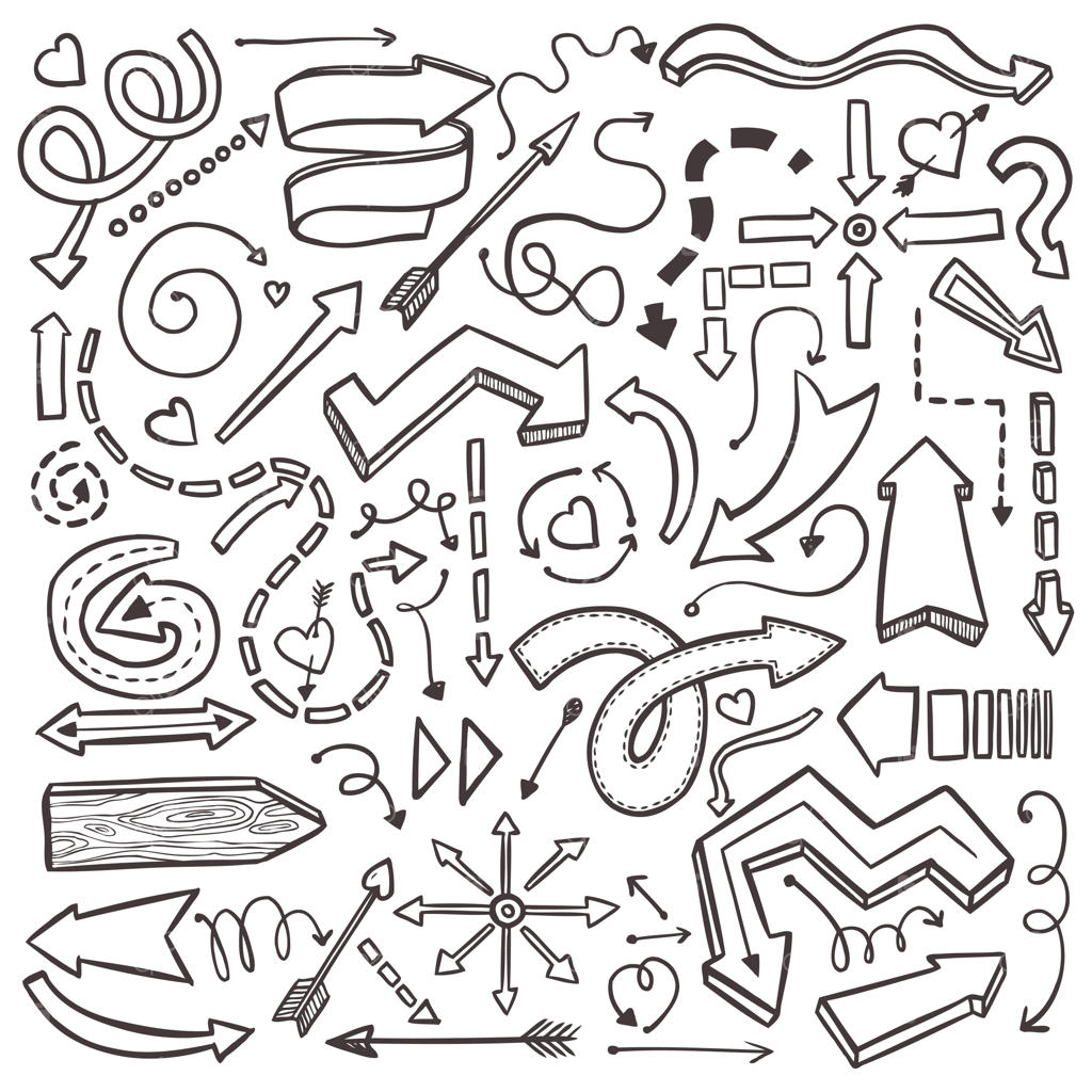 مجموعه فلش‌های دست‌کشیده روی زمینه سفید. تصویر انتزاعی با عناصر طرح‌دار پس‌زمینه