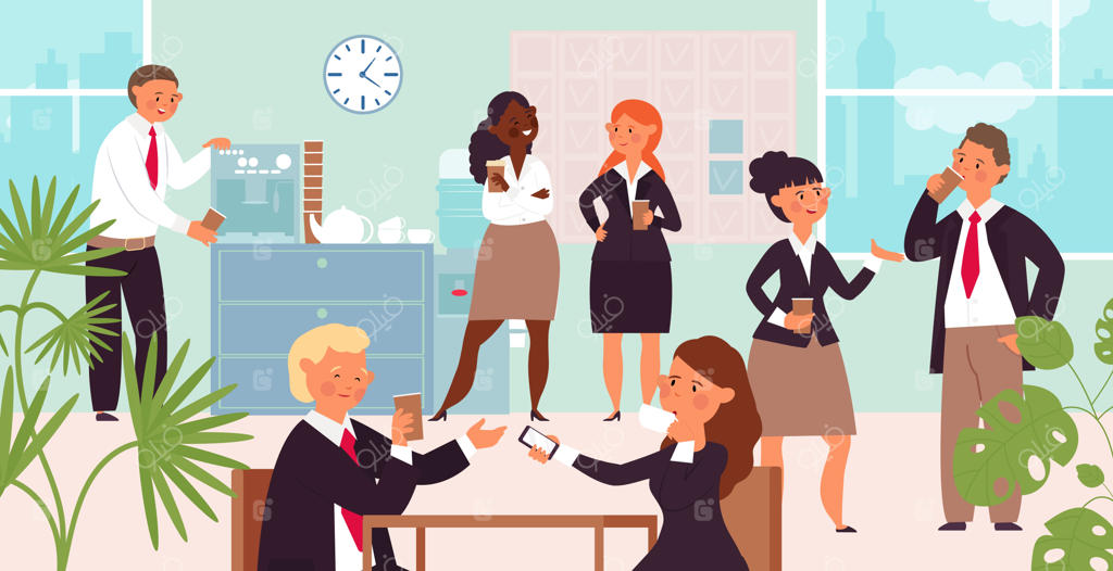 مکالمه مدیران در وقت استراحت و نوشیدن قهوه در محیط کاری - گفتگوی کاری در هنگام ناهار و نوشیدنی‌های گرم