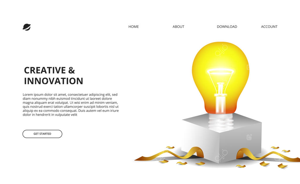 تصویرسازی سه‌بعدی لامپ درخشان، جعبه سفید و کاغذهای رنگی طلایی با مفهوم کسب‌وکار و نوآوری