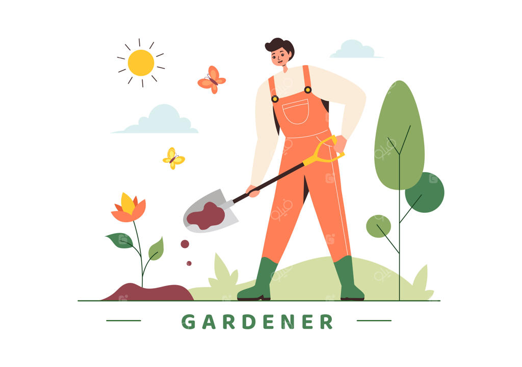 تصویرسازی وکتور باغبان و پرورش سبزیجات با ابزار باغبانی در پس‌زمینه کارتونی فلت و تابستانی