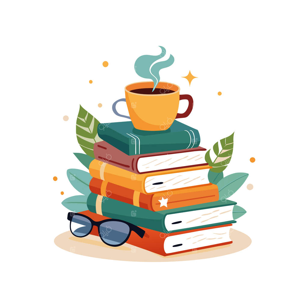 توده‌ای از کتاب‌ها با یک فنجان قهوه روی آن‌ها