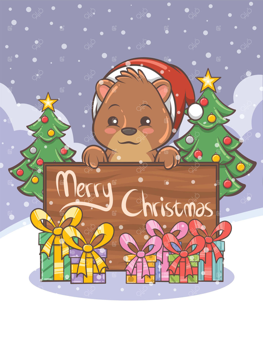 شخصیت کارتونی خرس عسلی بامزه - تصویرگری کریسمس