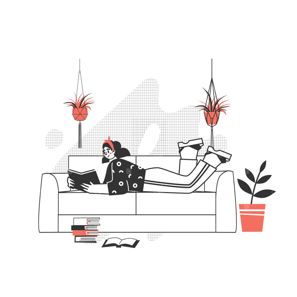 دختر عاشق خواندن کتاب‌های ادبی روی کاناپه: عاشق خواندن آثار مدرن است.