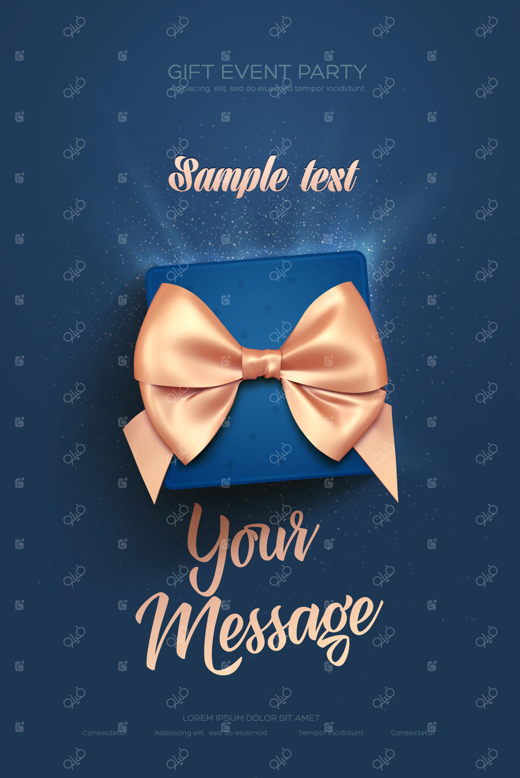 پوستر یا بروشور زیبای تبریک روز ولنتاین با نمای بالا، جعبه هدیه آبی و روبان طلایی