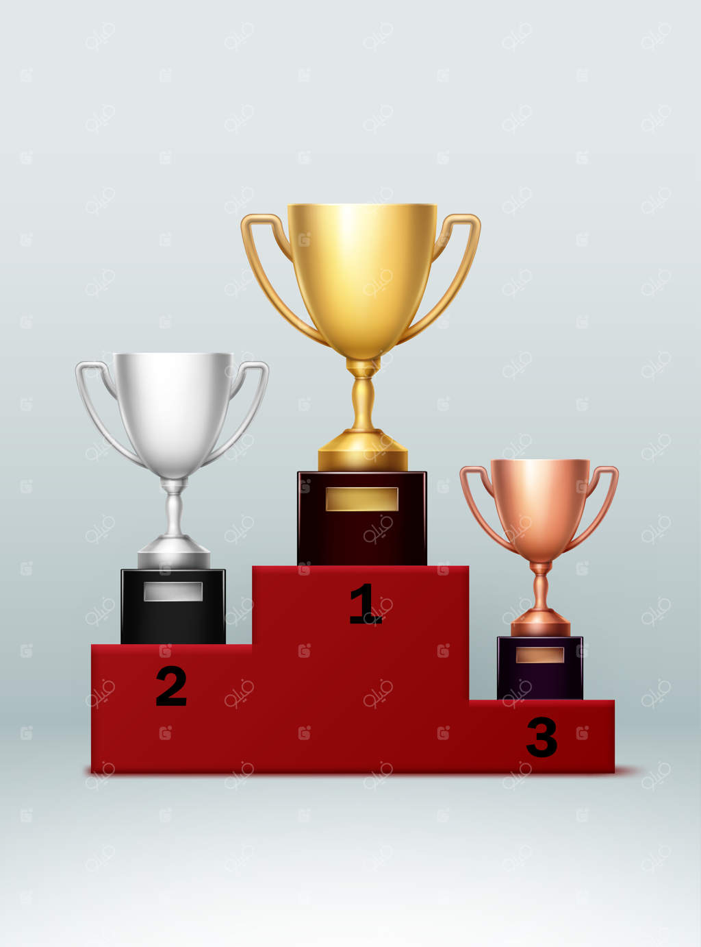 سه جام قهرمانی روی پله‌های قرمز با اعداد مختلف