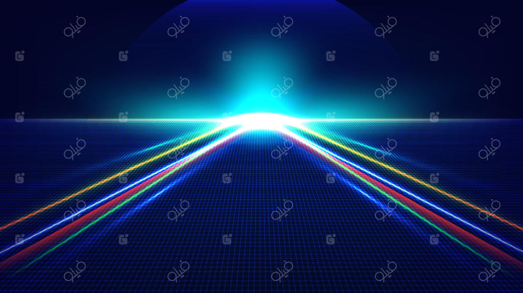 مفهوم آینده‌نگرانه فناوری: خطوط فلش نئونی درخشان و پرتوهای نور در پس‌زمینه مشبک آبی تیره