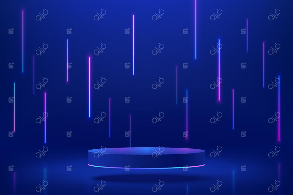 سکوی استوانه‌ای سه‌بعدی آبی و واقع‌گرایانه در فضایی تاریک و علمی-تخیلی با خطوط نوری نئونی عمودی؛ موکاپ وکتور و صحنه‌ای آینده‌نگرانه برای نمایش محصول