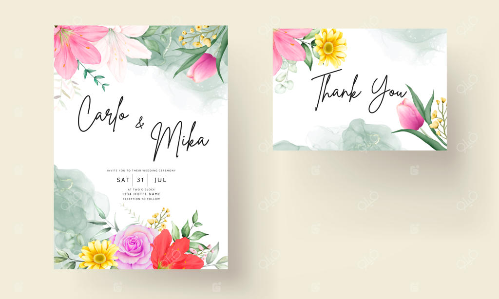 دعوتنامه عروسی با طراحی گل‌های رنگارنگ آبرنگی زیبا
