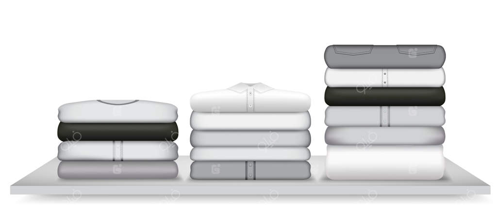 دسته‌ای از لباس‌های تاشده و مرتب: پیراهن‌ها و ژاکت‌های تمیز و منظم