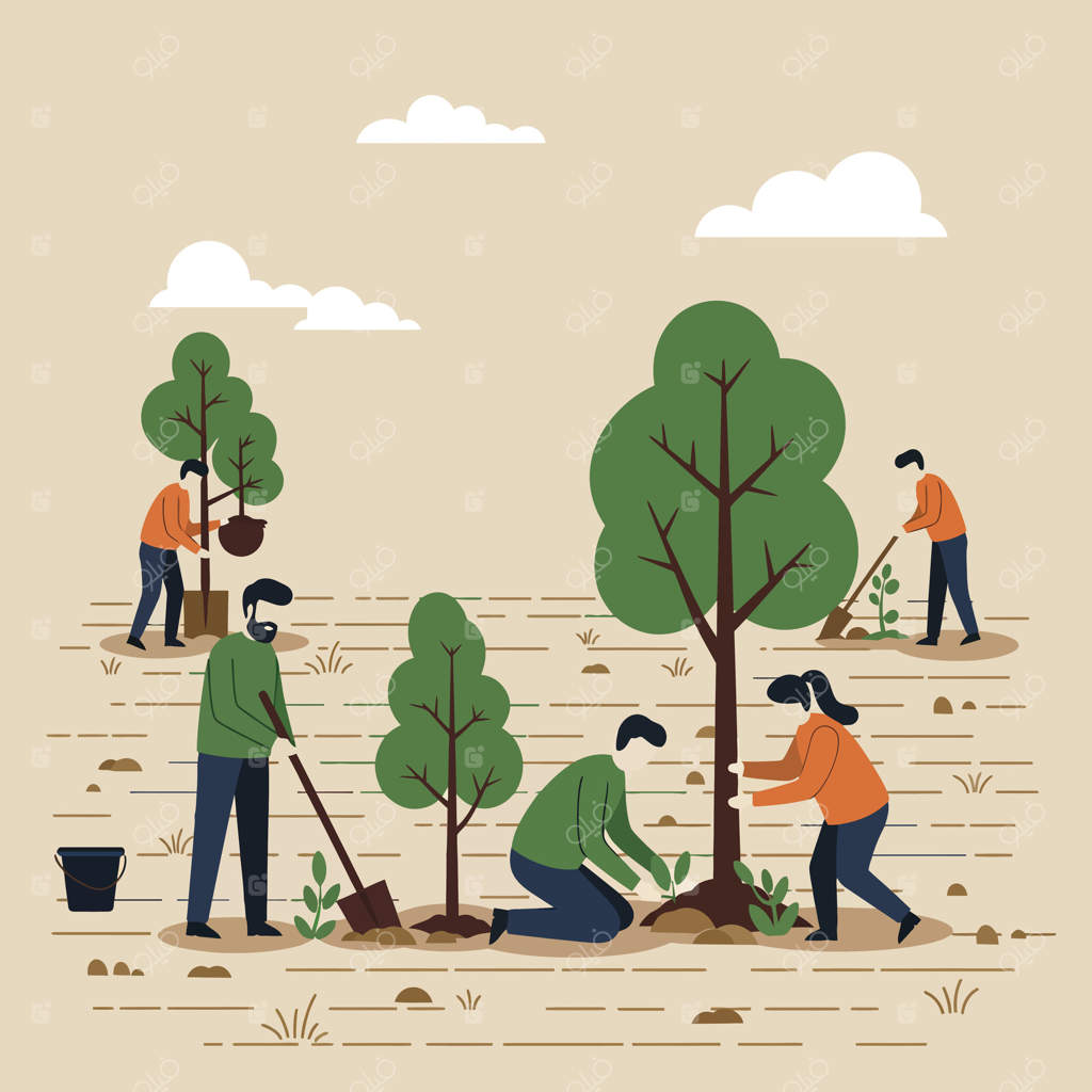 گروهی از افراد در حال کاشتن درختان در باغچه محلی با عناصر طبیعی سبز و آسمانی ابری