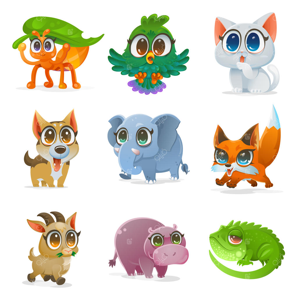 مجموعه‌ای از حیوانات کارتونی، تصویرسازی وکتور