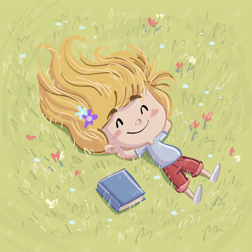 دختری دراز کشیده در مزرعه با کتاب