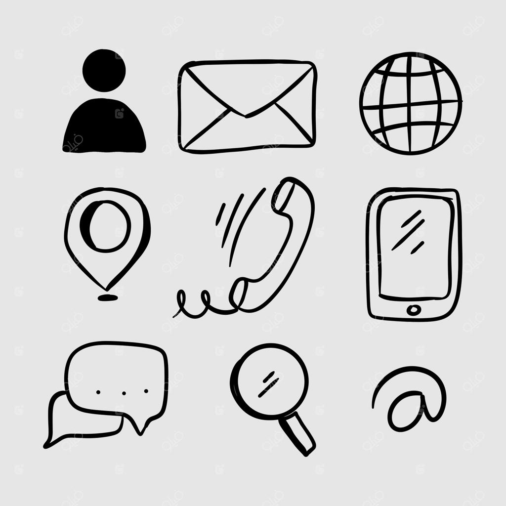 آیکون‌های طرح دستی تماس با ما شامل ایمیل، تلفن، موقعیت مکانی و موارد دیگر