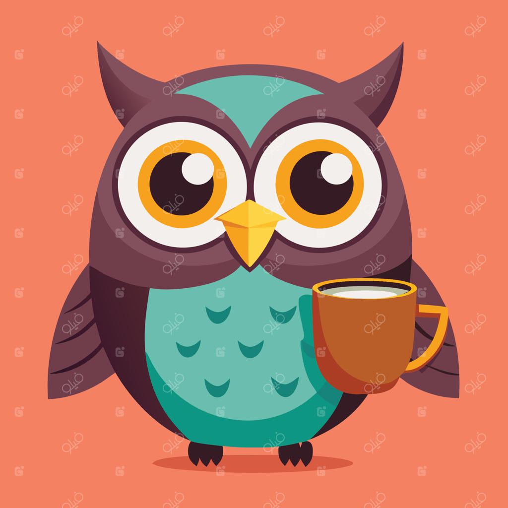 تصویر کارتونی جغد بامزه در حال نوشیدن قهوه