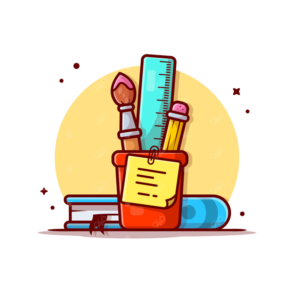 تصویر کارتونی لوازم‌التحریر شامل خط‌کش، مداد، خودکار و کتاب. آیکون لوازم آموزشی با کیفیت بالا. سبک کارتونی و مسطح