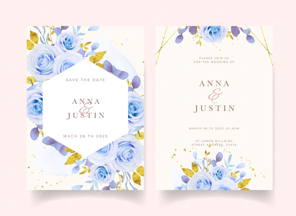 دعوت‌نامه عروسی با طرح گل‌های آبرنگی آبی