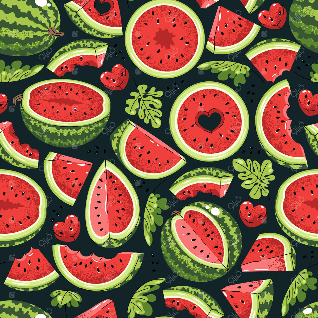 پترن یکپارچه با هندوانه در طراحی تخت. تصویر برش‌های آبدار میوه، مناسب برای چاپ پارچه، کاغذ دیواری، کاغذ کادو، پس‌زمینه‌های وب و طرح‌های تابستانی.