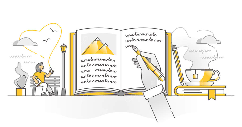 نوشتن یادداشت‌های روزانه به عنوان خاطرات شخصی نویسنده - طرح تک رنگ. دفترچه خاطرات خصوصی با پیام‌های احساسی و هنری از زندگی روزمره یا توصیف سفر.