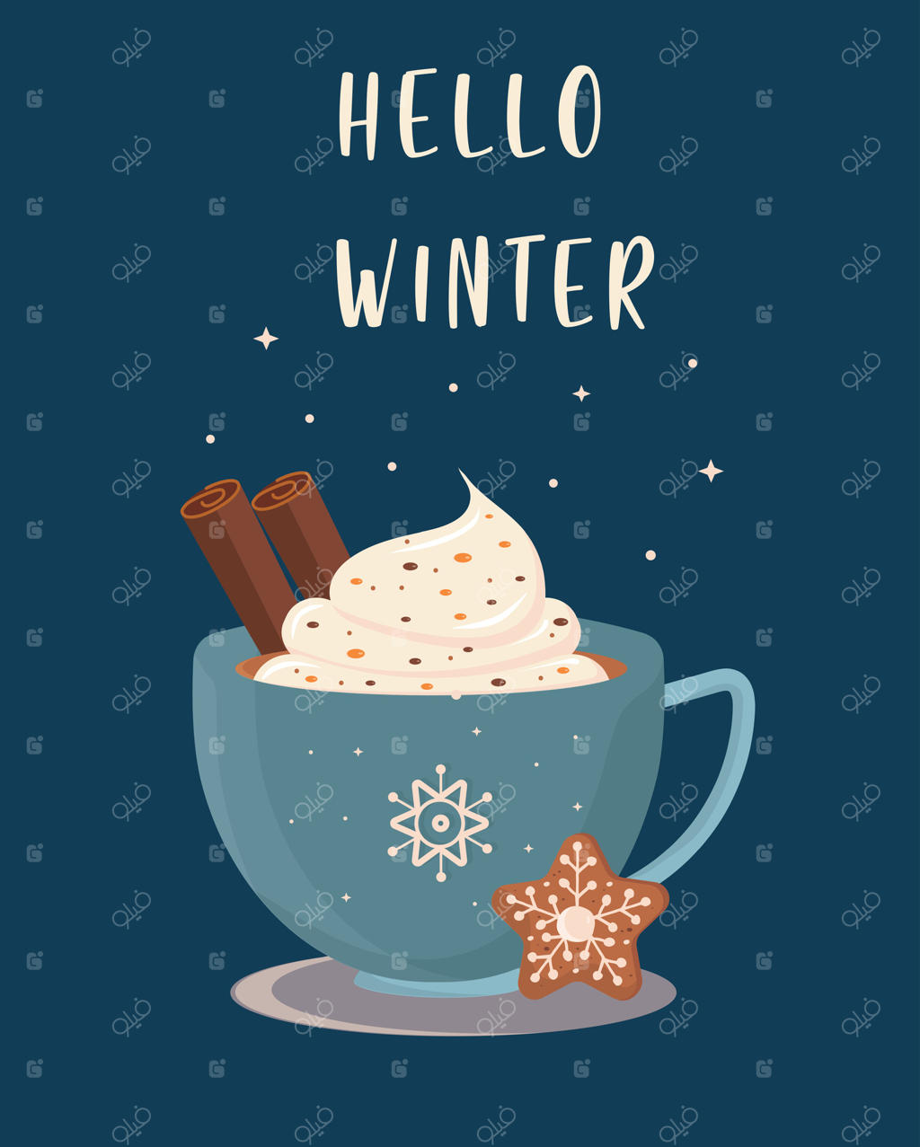 کارت گرم نوشیدنی زمستانی با نوشته سلام زمستان. فنجان قهوه با خامه، دارچین و کوکی زنجبیلی. کارت تبریک کریسمس مبارک، سلام زمستان. مفهوم سلام زمستان.