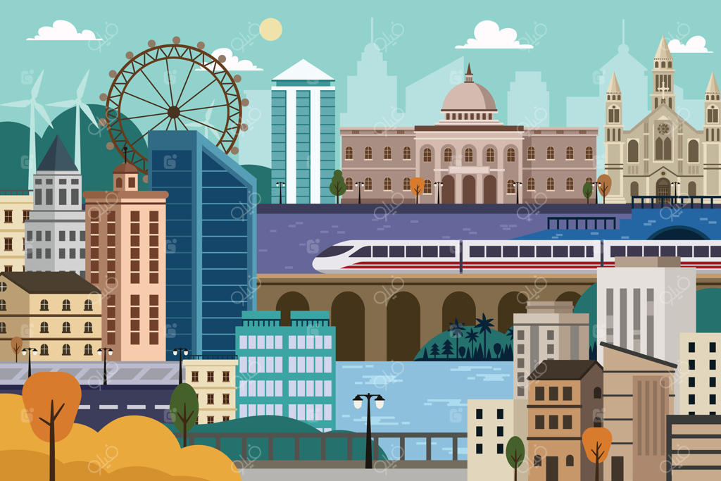 تصویرسازی منظره شهری با طراحی تخت، هندسی و مینیمال