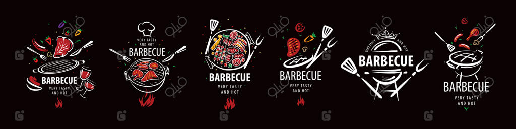 مجموعه‌ای از تصاویر وکتوری کباب، مجزا بر روی زمینه‌ای سیاه
