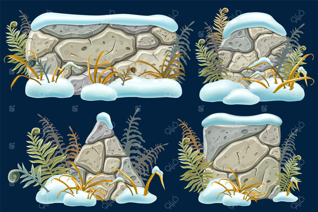 تخته‌سنگ‌ها و توده‌های برف، علف‌های خشکیده، سرخس‌ها