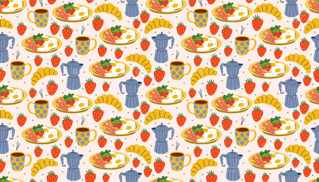 طرح جذاب و یکپارچه به سبک کارتونی با بشقاب‌های تخم‌مرغ و بیکن، قهوه‌سازها، توت‌فرنگی، کروسان و قهوه داغ. ایده‌آل برای چاپ صبحانه و دکور آشپزخانه گرم و دلپذیر.