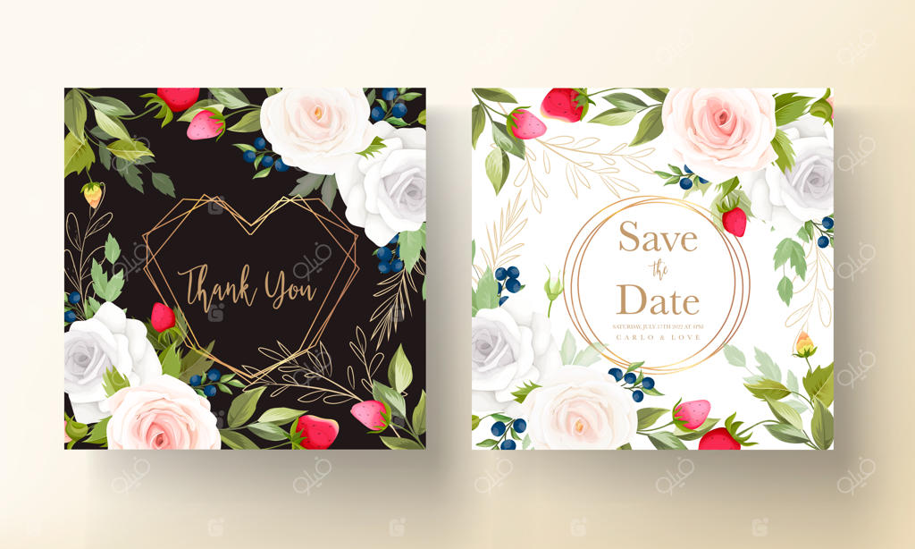 کارت دعوت عروسی با طراحی دستی گل رز زیبا و تزئینات توت‌فرنگی و بری‌ها