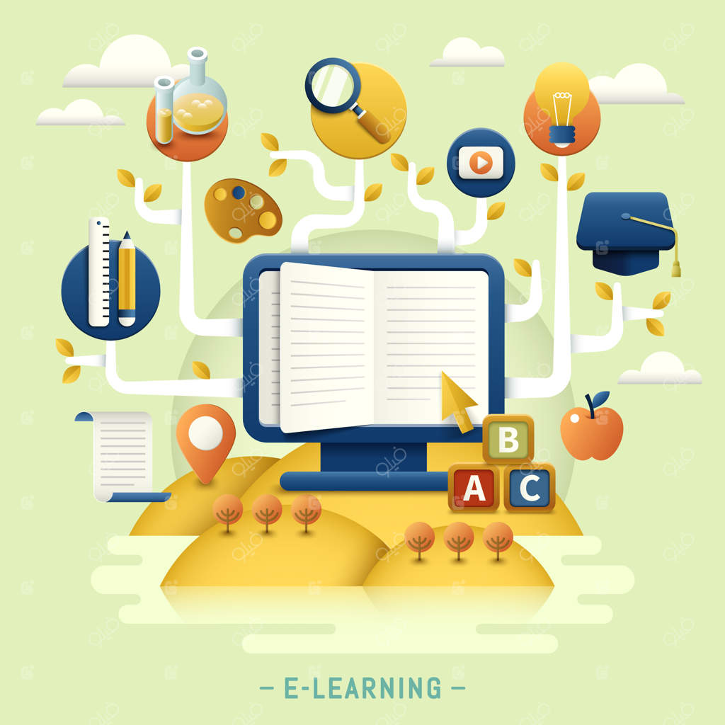 طراحی تخت آموزشی، درخت آموزش با آیکون‌ها و لوازم‌التحریر