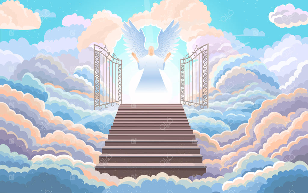 دروازه‌ی گشوده‌ی بهشت و فرشته‌ای ایستاده بر بالای پله‌ها