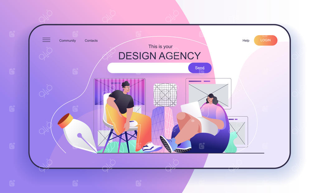 مفهوم آژانس طراحی؛ طراحان لندینگ پیج در حال ایجاد چیدمان و محتوای صفحه