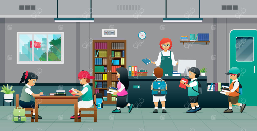 دانش‌آموزان در حال مطالعه و امانت گرفتن کتاب از کتابدار