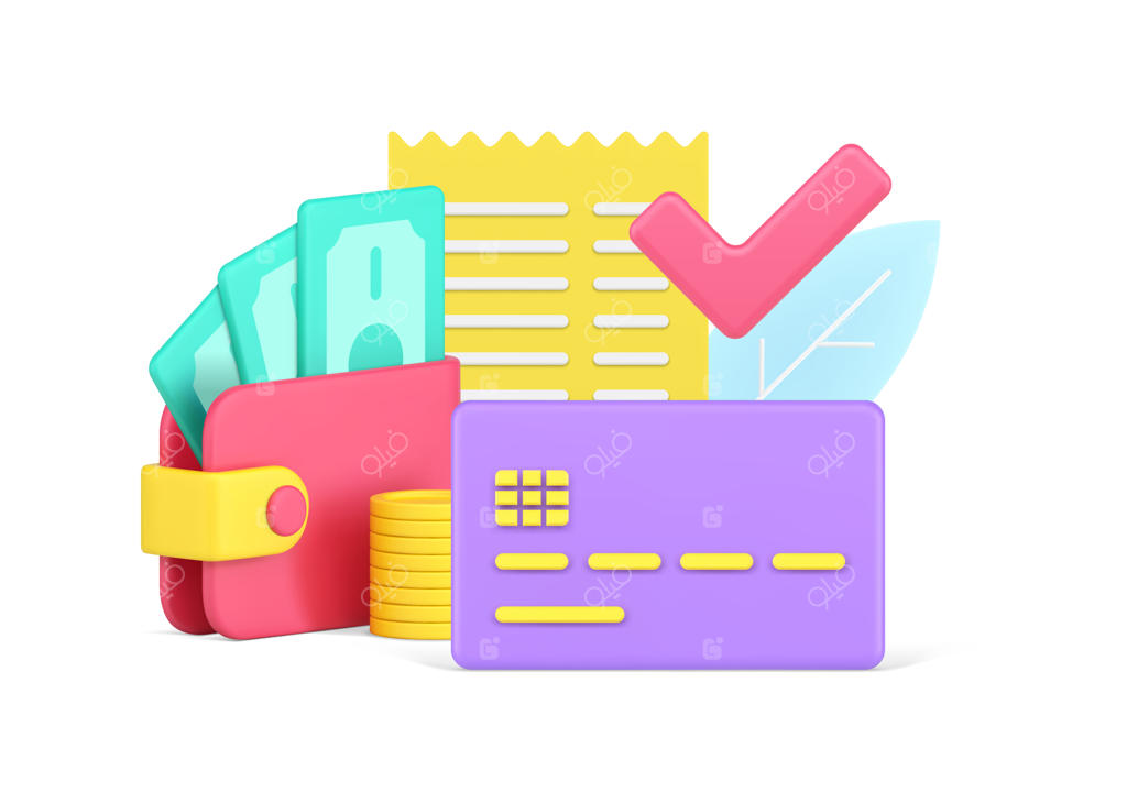 پرداخت موفق با کارت اعتباری، پول نقد، سکه‌ها، کیف پول و رسید - آیکون سه‌بعدی وکتور