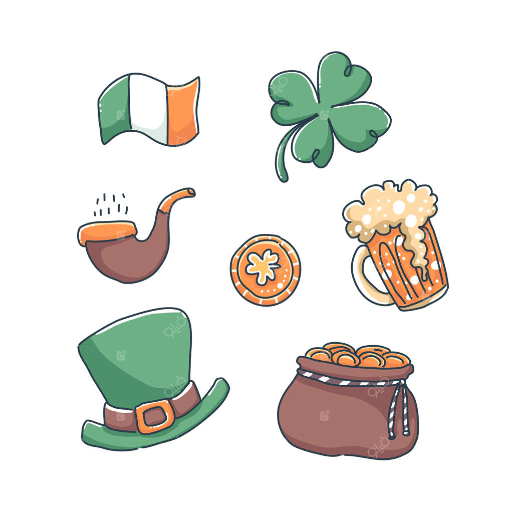 عناصر روز پاتریک بر روی زمینه سفید مجزا شده‌اند