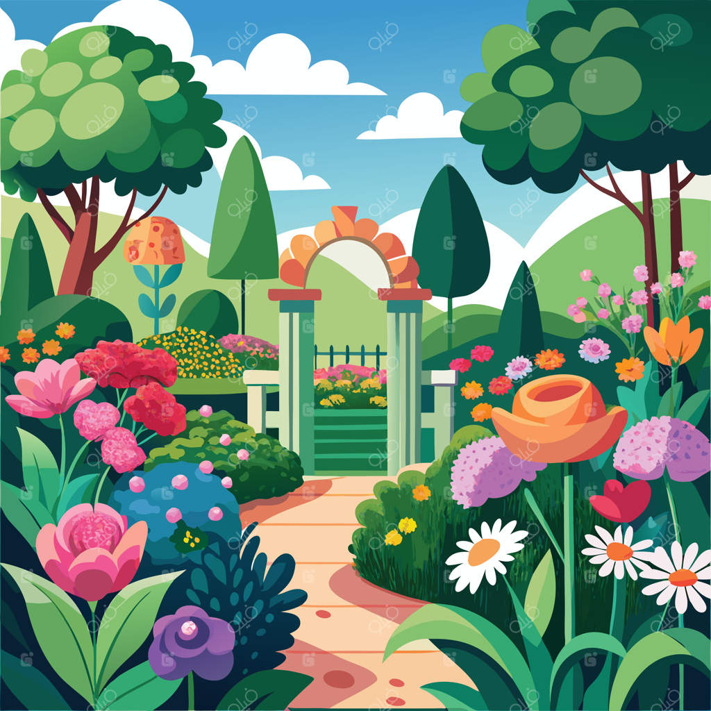 تصویرسازی باغی پر از گل‌ها و درختان