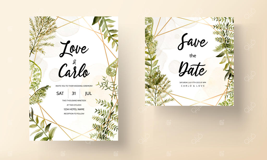 قالب کارت دعوت عروسی با برگ‌های آبرنگی