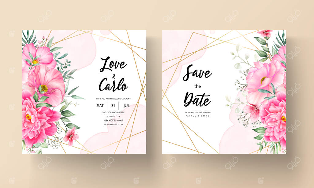 کارت دعوت عروسی دست‌ساز با گل‌ها و برگ‌های آبرنگی