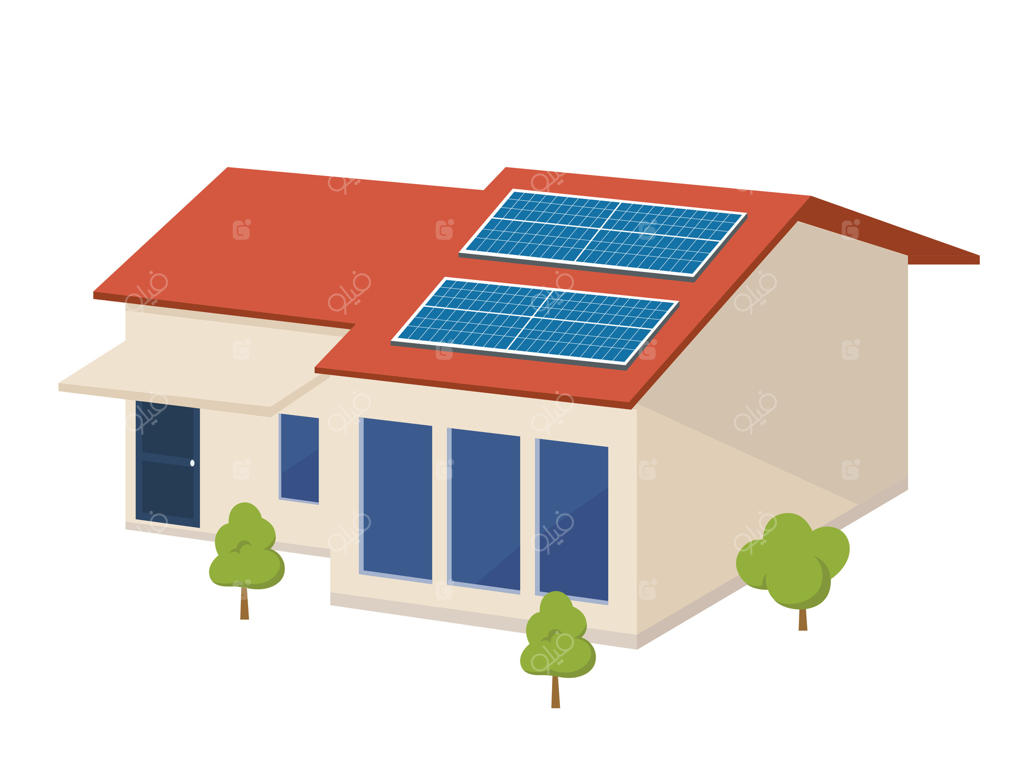 خانه مدرن خانوادگی با پنل‌های خورشیدی روی بام تخت، خانه سبز و سازگار با محیط زیست