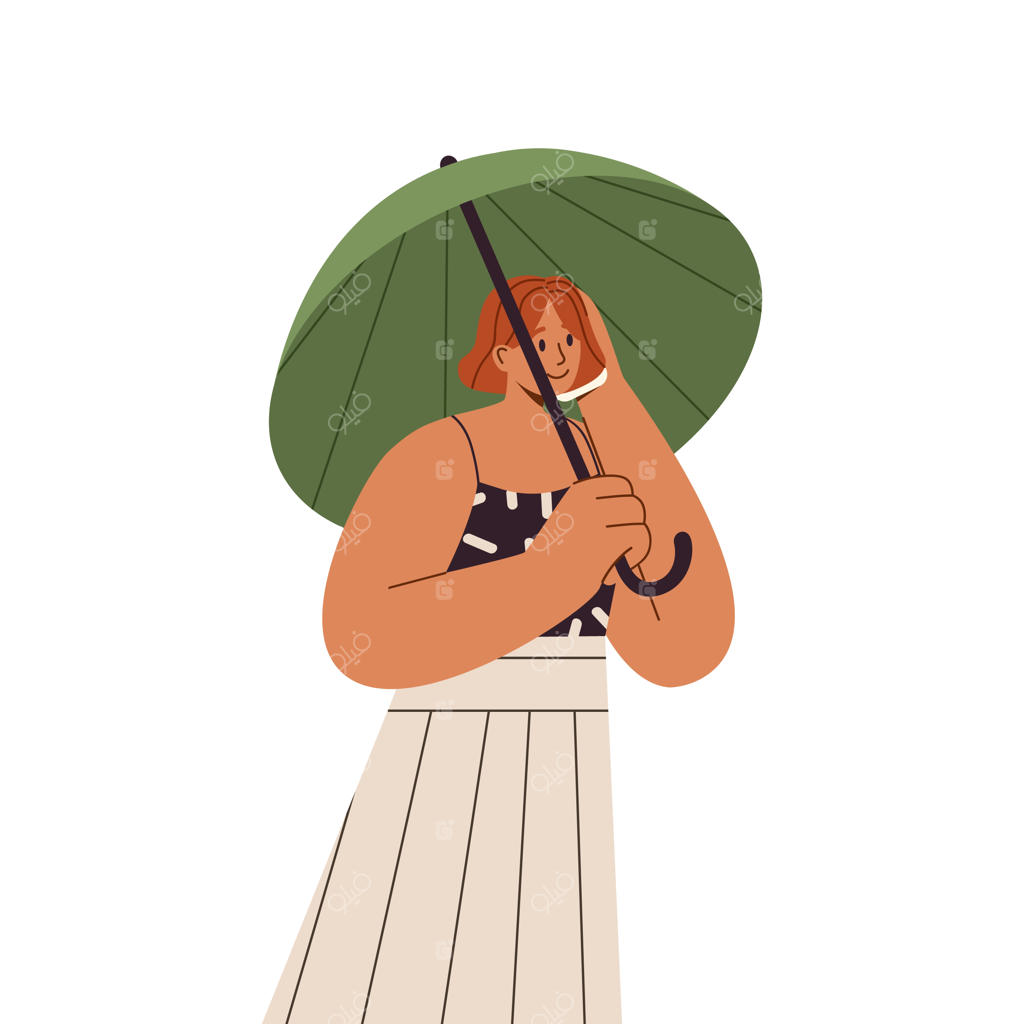 زن جوان و خوشحال زیر چتر باز ایستاده که او را از باران محافظت می‌کند - فردی مدرن که در هوای بارانی تابستان با لبخند چتر در دست گرفته است. تصویر تخت وکتور در پس‌زمینه سفید.